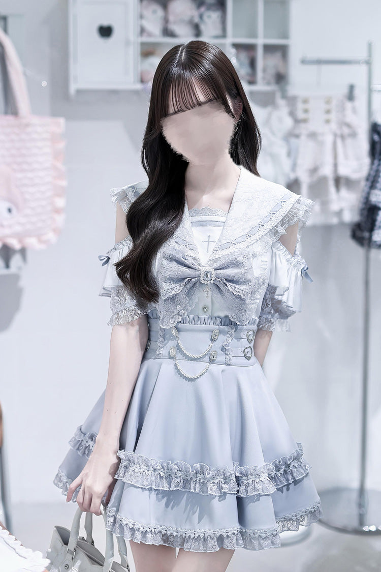 Aqua [Apprentice Witch] Off Shoulder Navy Collar Short Sleeves Ruffled Bow Lace Pearl Detail Classic Jirai Kei Japanese Skirt Set
