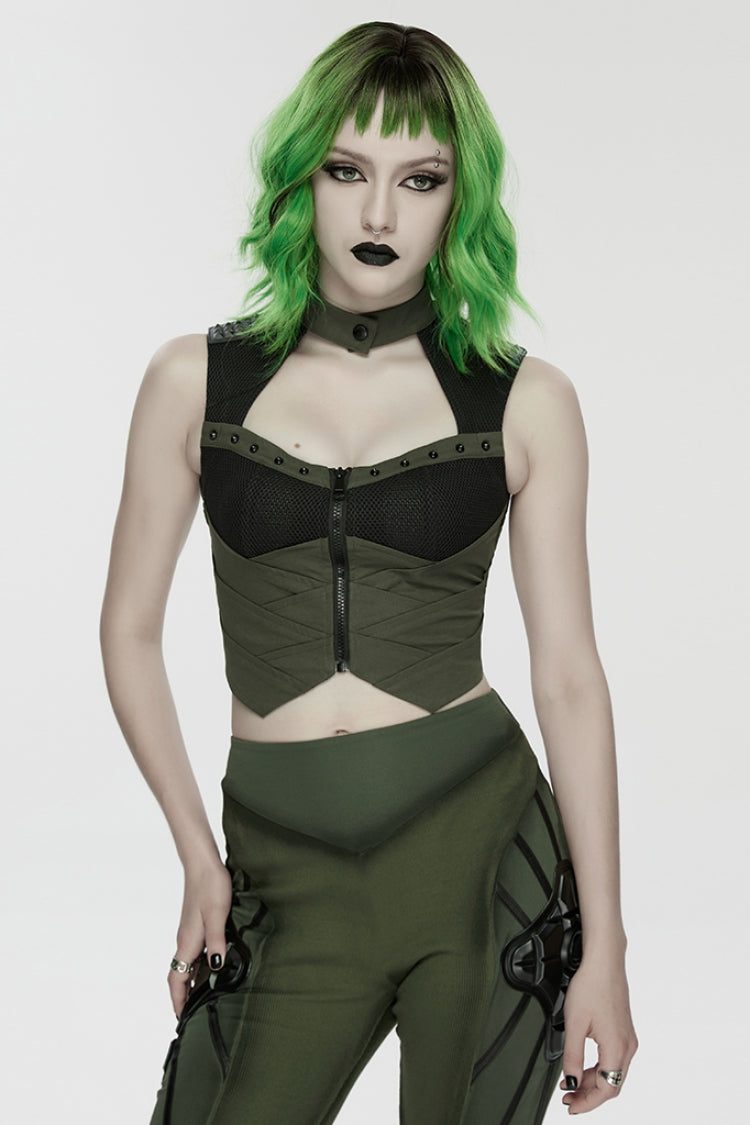 Black/Green Sleeveless Cut-Out Studded Mechanical Women's Punk Tank Top