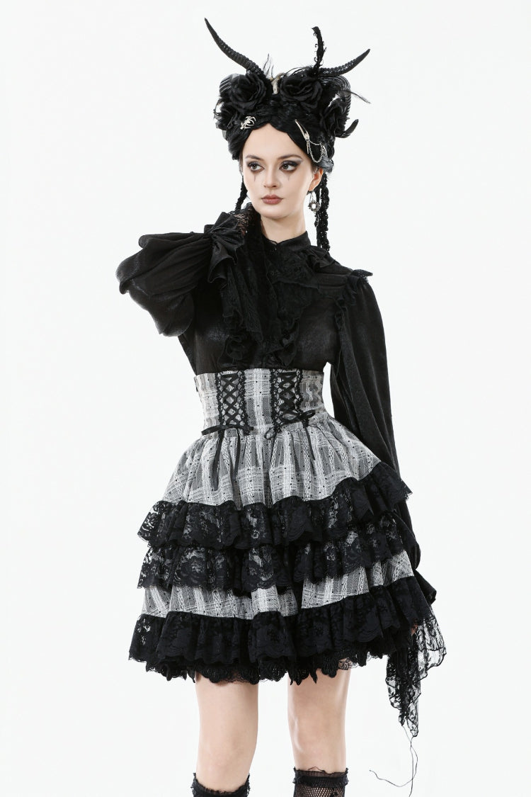 Black/Grey High Waisted Lace-Up Lace Ruffled Layered Hem Women's Lolita Gothic Skirt