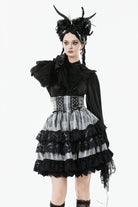 Black/Grey High Waisted Lace-Up Lace Ruffled Layered Hem Women's Lolita Gothic Skirt