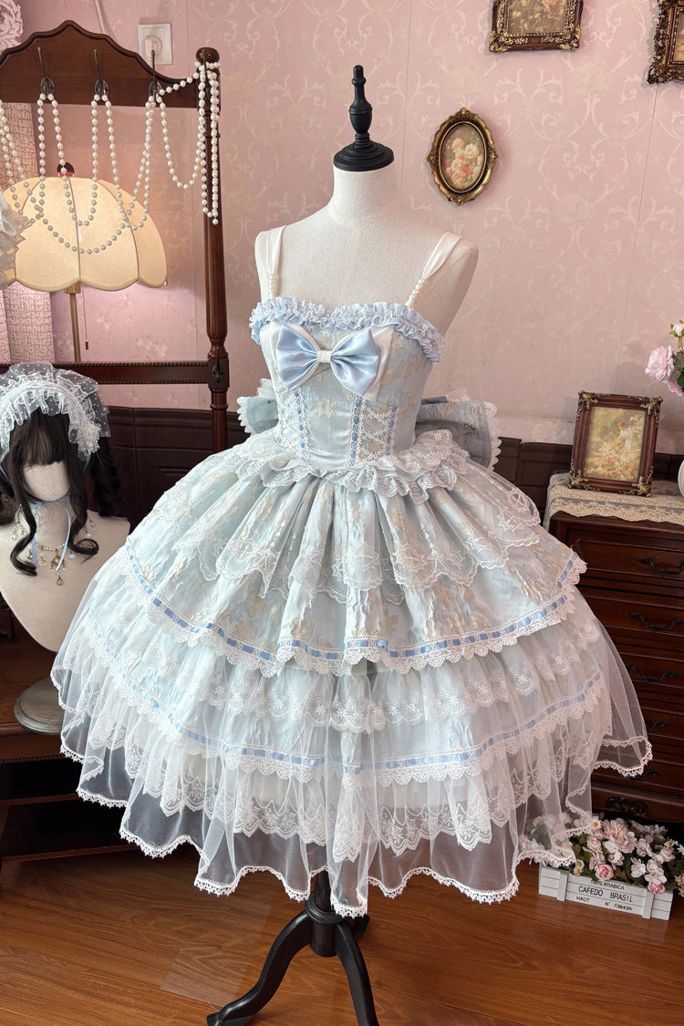 Blue [Moonlight Woven Flower Box] Square Collar Multi-Layered Ruffled Hanayome Embroidered Bow Lace Sweet Plus Size Lolita Jsk Dress Set