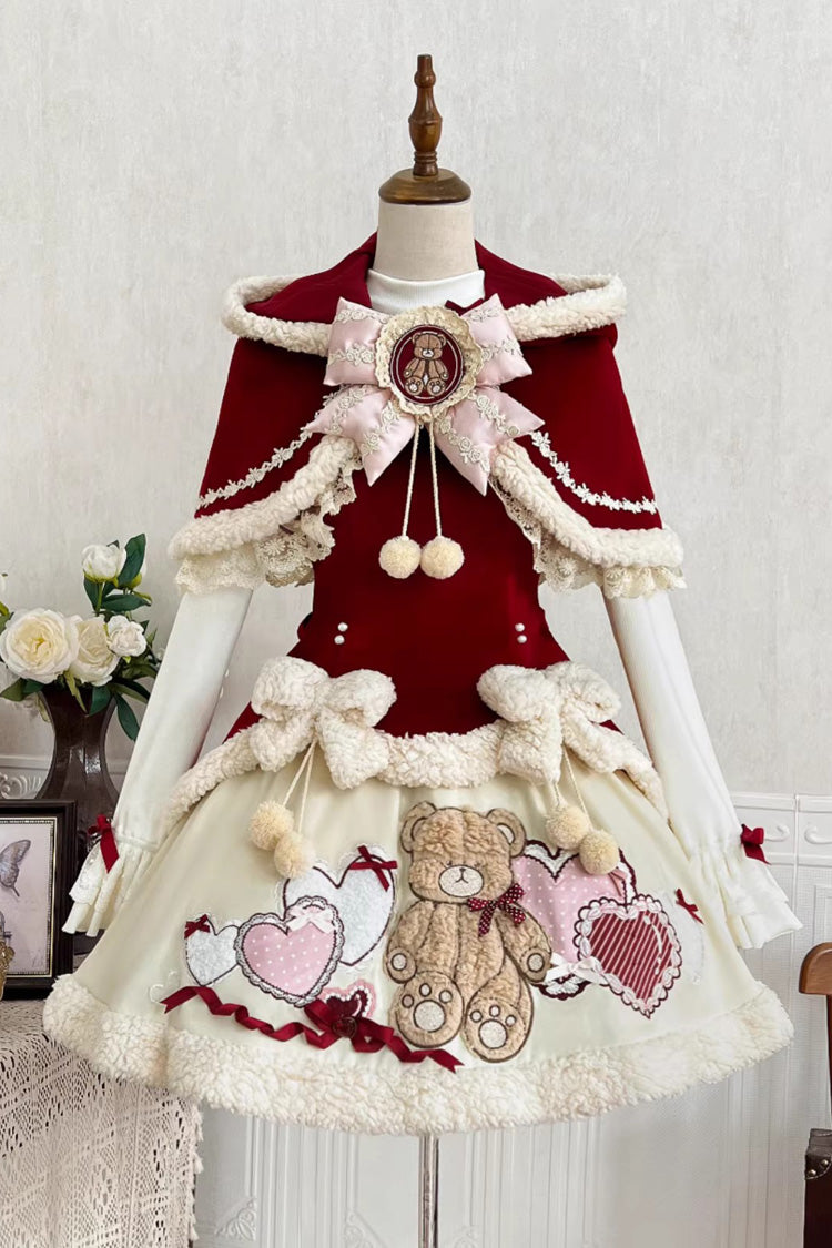Red [New Year] Long Sleeves Embroidered Bow Lace Sweet Lolita Skirt and Rabbit Ears Cloak Set