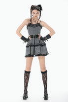 Black/Grey Pinstripe Sleeveless Multi-Layered Ruffled Women's Gothic Slip Mini Dress Graduation Dress