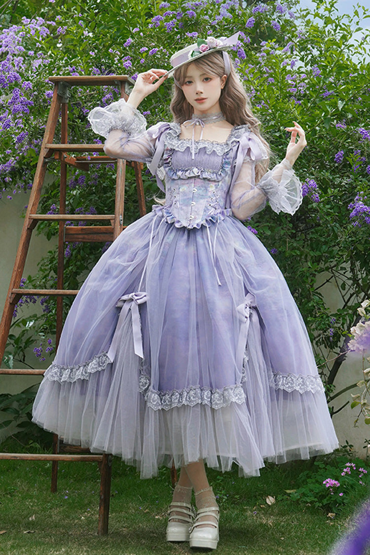 Purple Square Collar Long Sleeves Ruffle Bowknot Lace Fishbone Sweet Lolita Dress