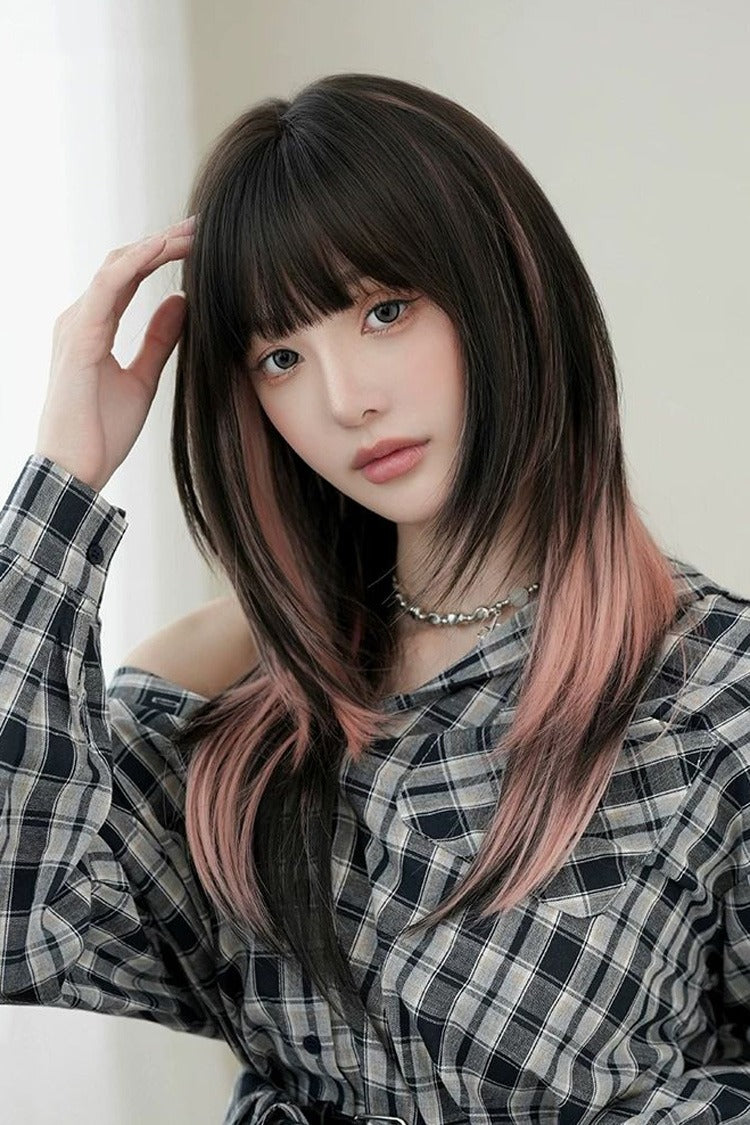 Black/Pink Ombre Fluffy High-Layered Long Straight Wig with Air Bangs