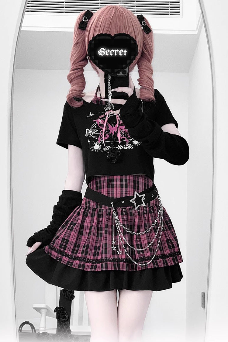 Black/Pink [Butterfly Chapter] Short Sleeves Print Gothic Jirai Kei Skirt Set