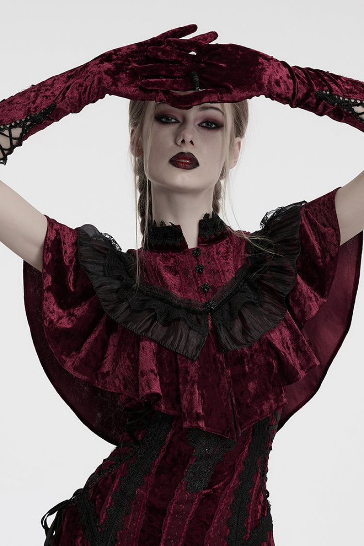 Red Floral Embroidery Lace-Up Women's Gothic Gloves