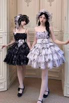 [Stained Glass Dream] Square Collar Sleeveless High Waisted Multi-Layered Printed Ruffled Bow Gothic Lolita Jsk Dress 2 Colors(Black/Purple, White/Purple)