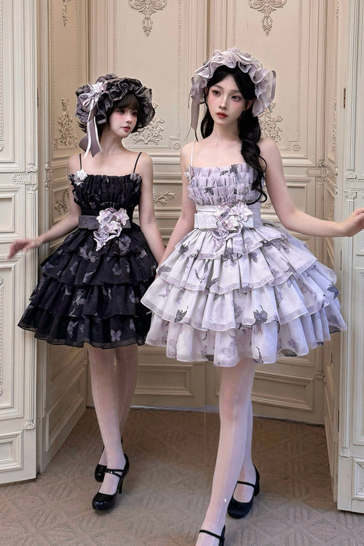 [Stained Glass Dream] Square Collar Sleeveless High Waisted Multi-Layered Printed Ruffled Bow Gothic Lolita Jsk Dress 2 Colors(Black/Purple, White/Purple)