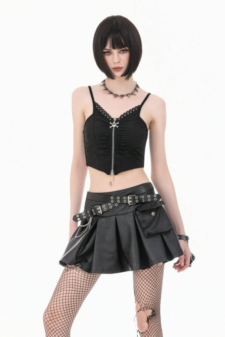 Black Ripped Studded Skull Zippered Ruched Women's Punk Bustier