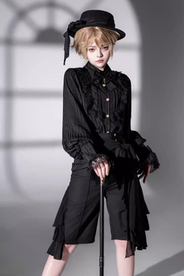 Black [Eternal City] Long Sleeves Lace Gothic Prince Medieval Ouji Lolita Blouse Knee-Length Shorts Set