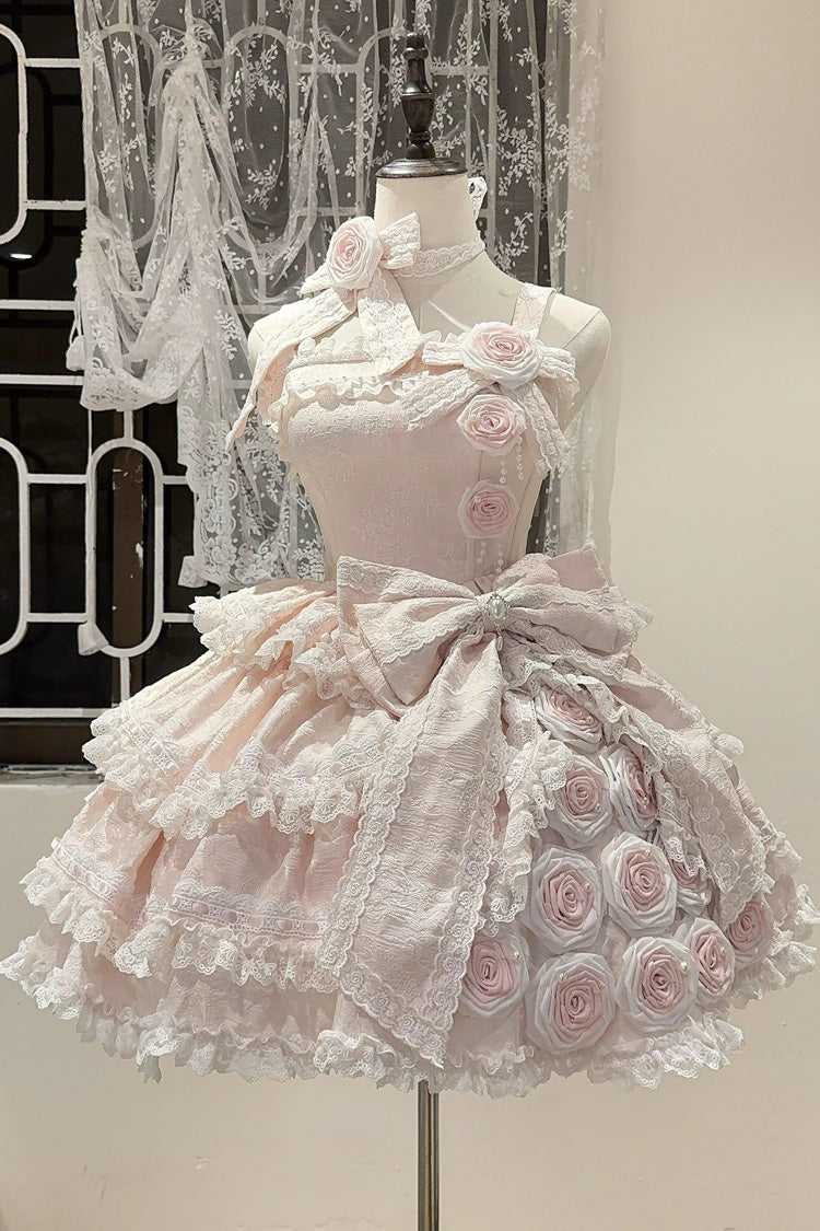 [Rose of Confession] Sleeveless Ruffle Bowknot Lace Asymmetric Sweet Elegant Lolita Jsk Dress 2 Colors