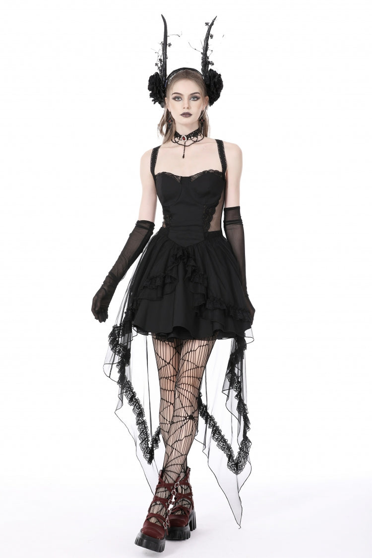 Black Sleeveless Lace-Up Layered Swallowtail Lace Women's Gothic Wedding Dress
