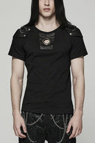 Black Short Sleeves Detachable Shoulder Pad Hollow Mens Steampunk T-Shirt