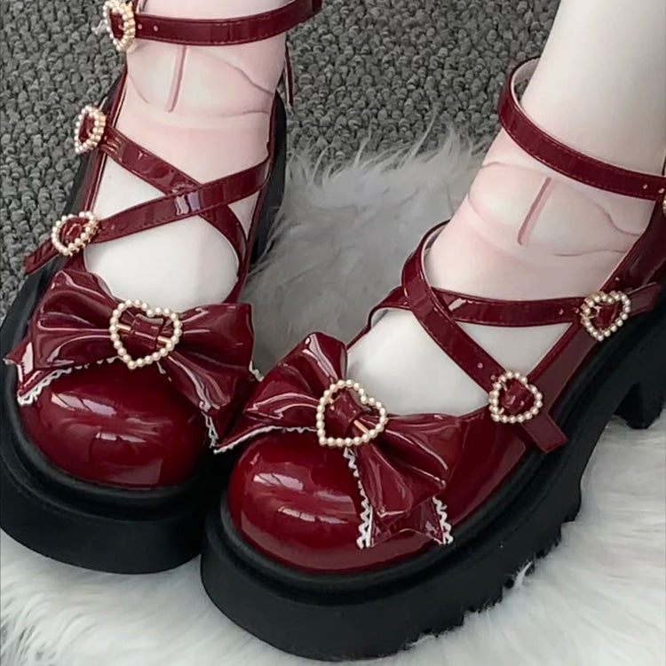 Wine Red Synthetic Leather Cross Straps Bow Lolita Shoes