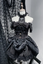 Black [Rose Dream] Halterneck Short Sleeves Print Ruffle Bowknot Lace Gothic Jirai Kei Dress