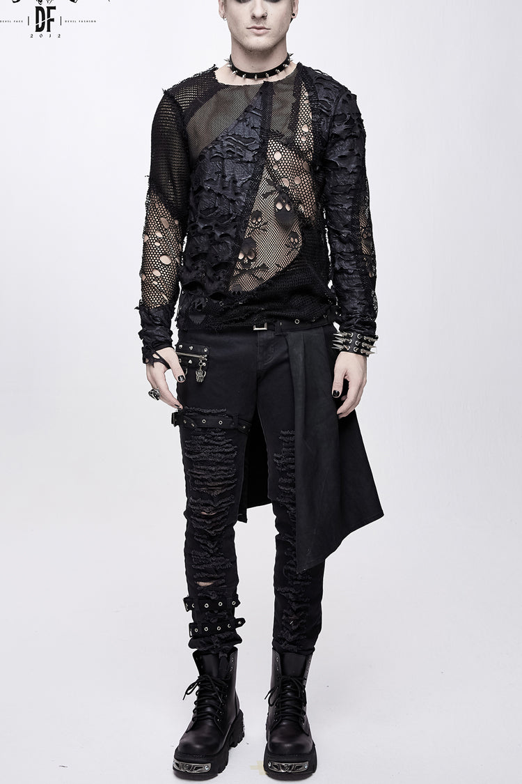 Black A Variety Of Mesh Materials Stitching Unedged Broken Holes Round Collar Men's Punk T-Shirt
