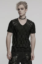 Black Short Sleeves Jacquard Faux Leather Stitching Ripped Rivet Men's Punk T-Shirt