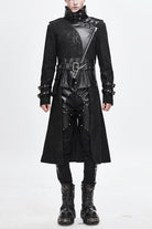 Black Open Collar Printed Belted Long Mens Punk Coat