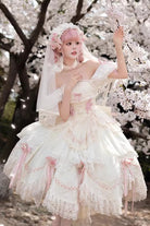 White [Mist and Tulle] Square Collar Multi-Layered Ruffled Hanayome Bow Lace Sweet Princess Gorgeous Lolita Dress