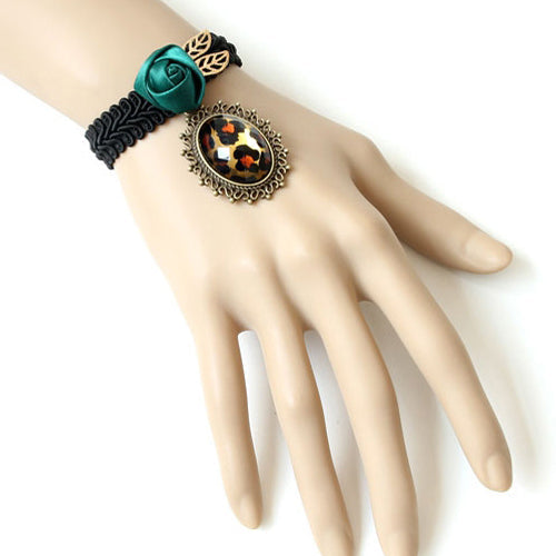Retro Fashion Leopard Print Dark Green Rose Black Female Lolita Braided Bracelet