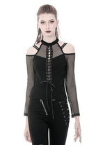 Black Off Shoulder Long Sleeves Lace-Up Mesh Women's Punk Top