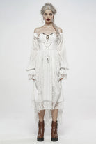 White Off Shoulder Long Puff Sleeves Ruffle Mesh Women's Gothic Dress
