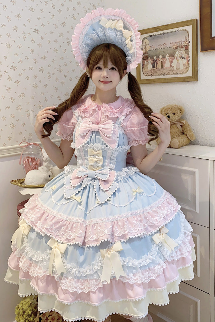 Blue/Pink [Fondant Cake] Sleeveless Multi-Layered Ruffle Bowknot Lace Sweet Lolita Jsk Dress