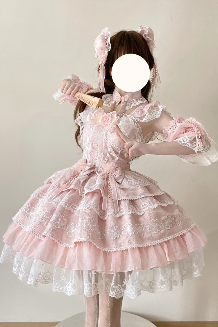 Pink [Rain of Peaches] Sleeveless Multi-Layered Bowknot Lace Sweet Chinese Style Lolita Jsk Dress