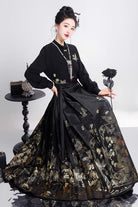 Black Long Sleeves High Waisted Printed Ruffled Foil-Stamped Gothic Hanfu Horse-face Skirt Set