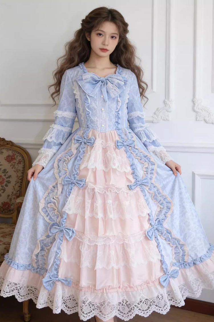Sweet Plus Size Long Sleeves Triple-Layered Ruffled Open-Front Bow Lace Princess Lolita Victorian Dress