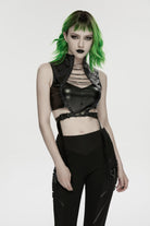Black Stand Collar Sleeveless Slim Fit Studded Women's Punk Cool Strappy Crop Vest