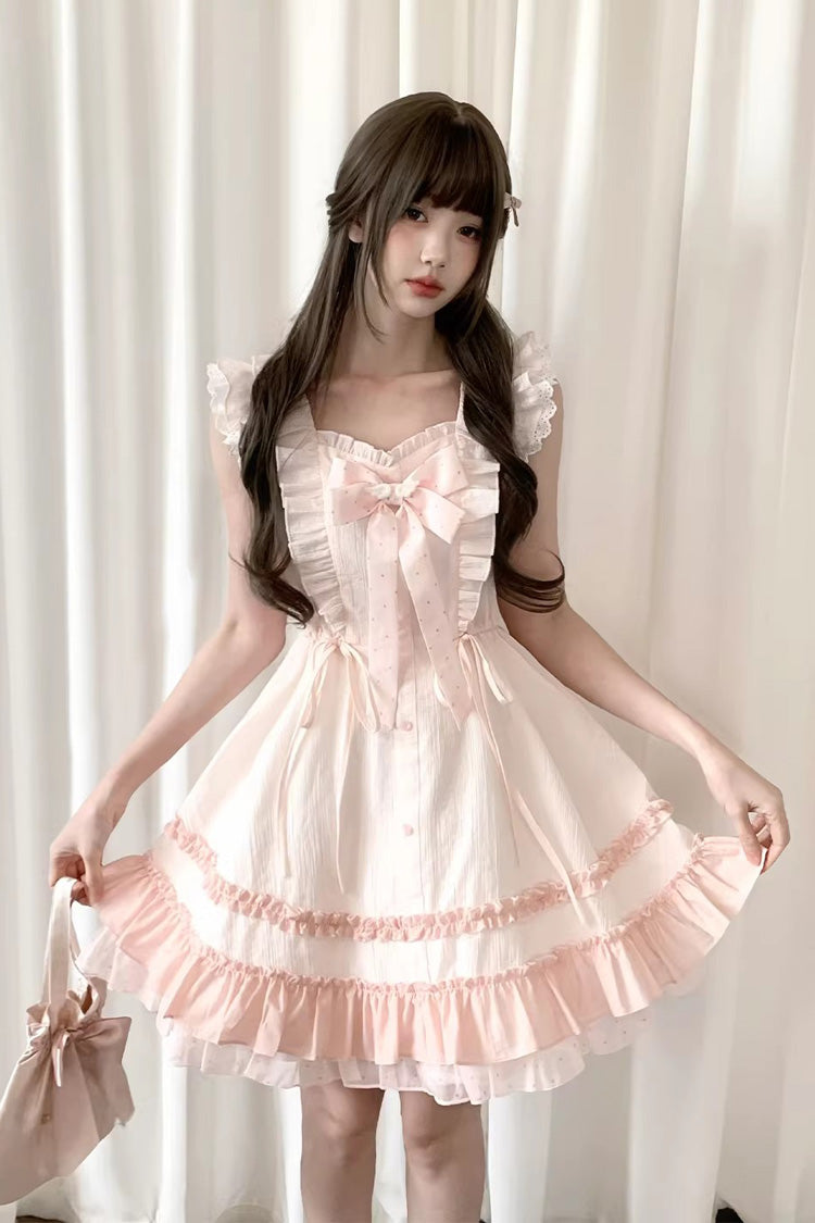 Pink [Spring Timeline] Double-Layered Ruffled Bow Lace-Up Sweet Princess Lolita Dress