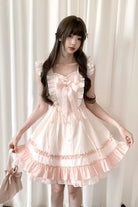 Pink [Spring Timeline] Double-Layered Ruffled Bow Lace-Up Sweet Princess Lolita Dress