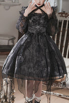Black Ruffled Strap Mesh Lantern Sleeves High Waisted Irregular Hem Gothic Lolita OP Dress