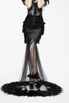 Black Mesh Fishtail Flower Feather Hem Long Satin Women's Gothic Skirt