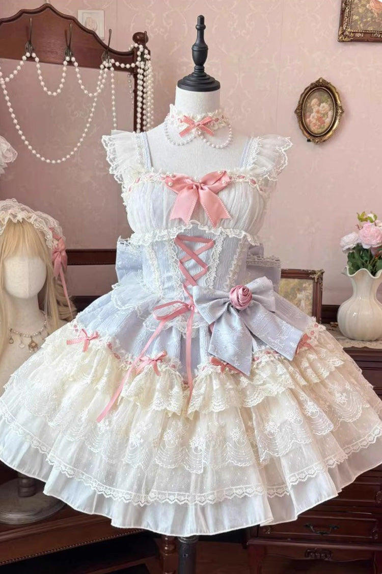 Blue [Rose Canticle] Sleeveless Multi-Layered Bowknot Lace Lace-Up Pearl Ballet Sweet Lolita Jsk Dress