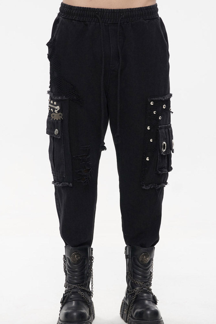 Black Punk Basic Funds Metal Pentagram Crackle Men's Pants