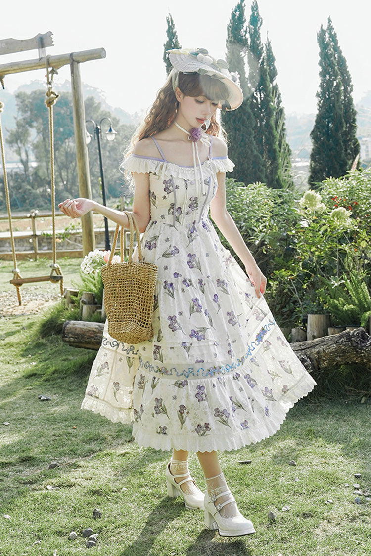 Ivory [Moonlight Iris] Off Shoulder Print Ruffle Embroidery Lace Sweet Lolita Jsk Dress