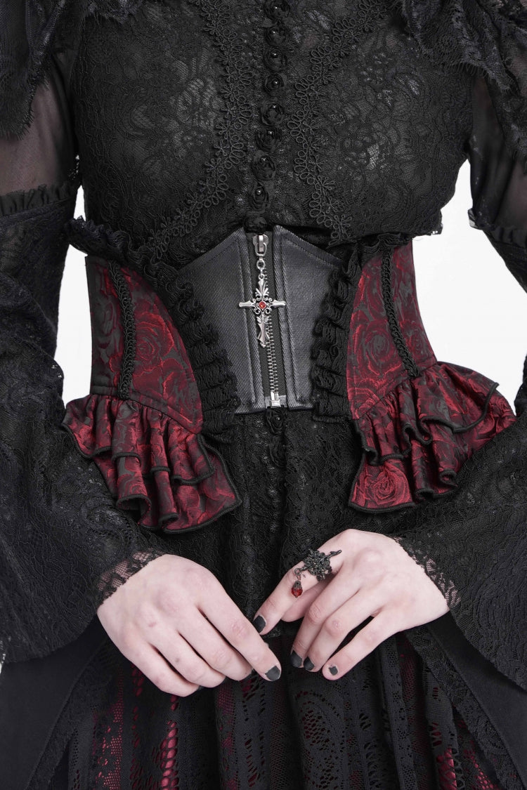 Black/Red Printed Spliced Lace Lace-Up Slim Zippered Women's Gothic Palace Corset