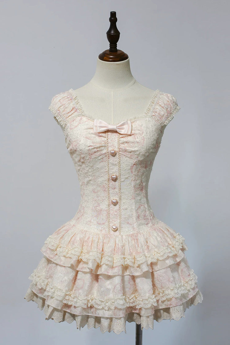 Sweet Square Collar Sleeveless Ruffled Embroidered Bow Lace Boned Lolita Dress 3 Colors (Pink, Green, Blue)
