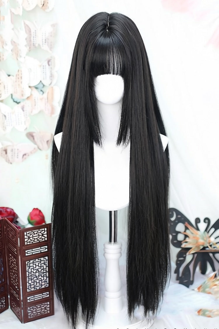 Natural Black Phoenix Tail Style Long Straight Sweet Lolita Wig with Airy Bangs