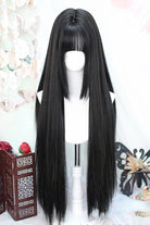 Natural Black Phoenix Tail Style Long Straight Sweet Lolita Wig with Airy Bangs