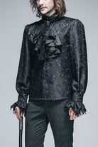 Black Shining Rose Print Lace Cuff Mens Gothic Blouse