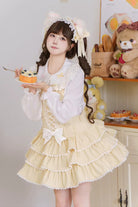 Yellow Nostalgic Showa Custard Cream Puff Sleeveless Triple-Layered Ruffled Bow Lace-Up Tiered Cake Sweet Jsk Dress