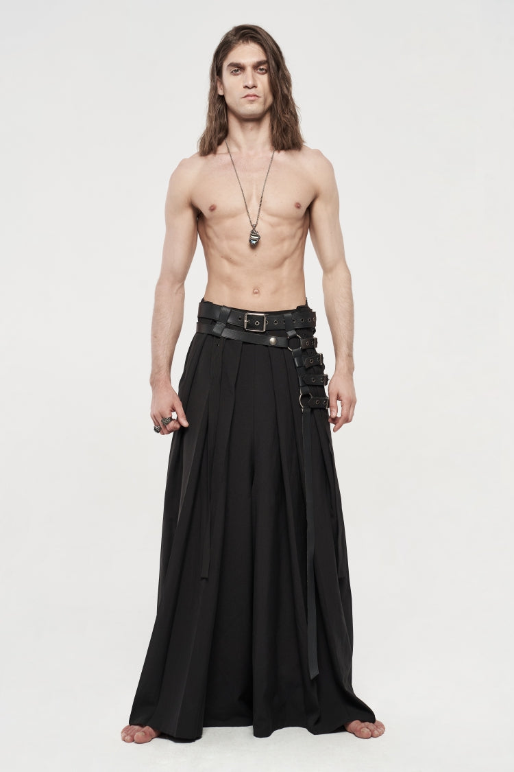 Black Asymmetric Buckled Men's  Japanese Punk Warrior Pantskirts With Harness