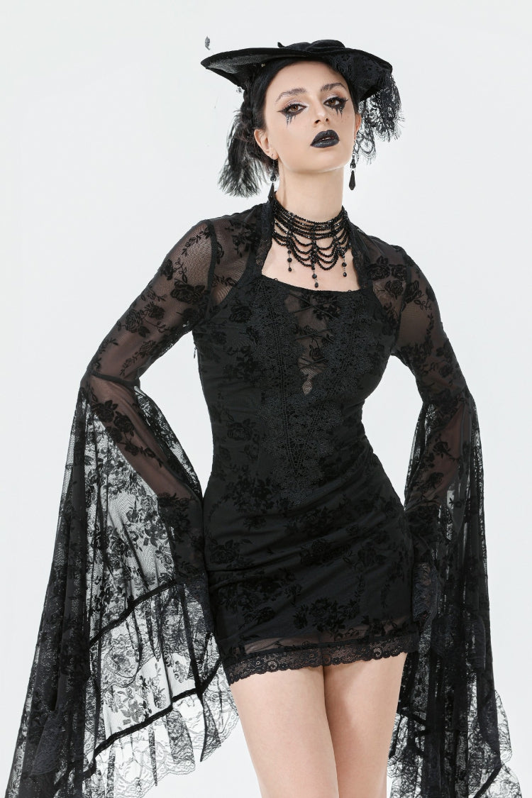 Black Square Collar Long Trumpet Sleeves Mesh Embroidered Lace Lace-Up Women's Gothic Dress