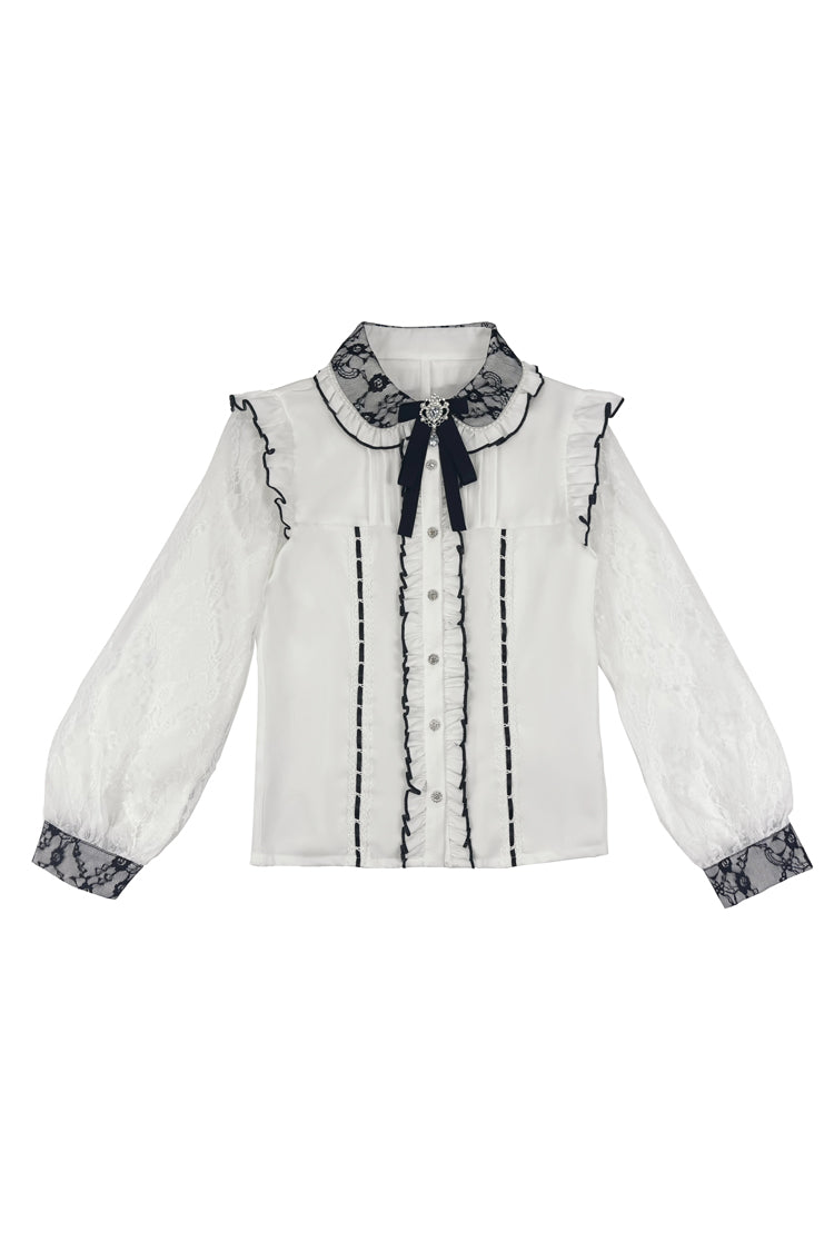 Sweet Lapel Collar Long Sleeves Jacquard Ruffled Bow Jirai Kei Japanese Blouse 2 Colors