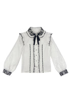 Sweet Lapel Collar Long Sleeves Jacquard Ruffled Bow Jirai Kei Japanese Blouse 2 Colors