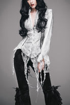 White Printed V-Neck Long Sleeve Flare Cuff Back Waist Lace-Up Irregular Lace Tassels Hem Women's Gothic Blouse